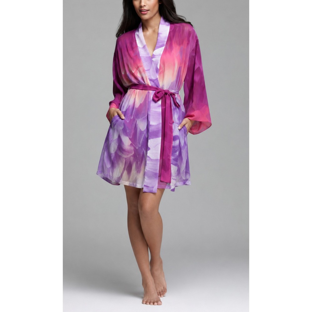 Natori Floral Watercolor Sheer Chiffon Kimono Robe Purple Tie Pockets Medium - Picture 1 of 11